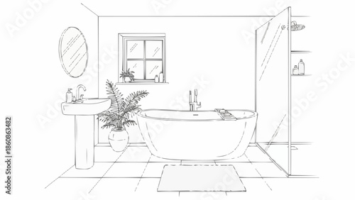 Hand drawn sketch of a modern bathroom interior design.