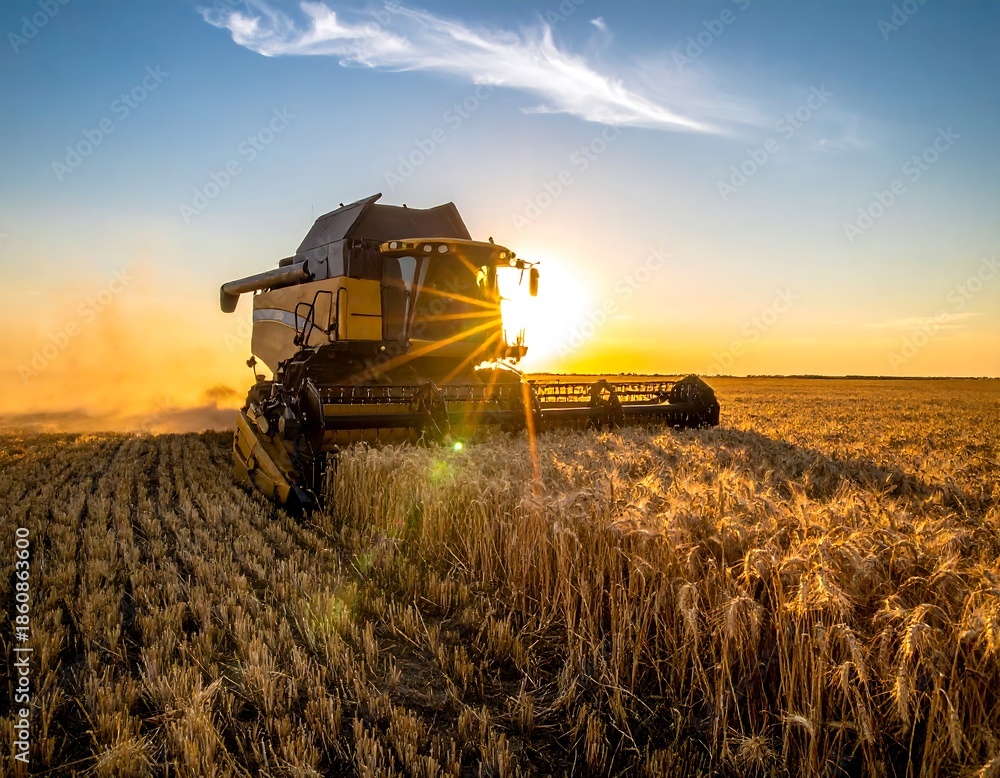 Fototapeta premium A large agricultural machine harvests wheat in a golden field at sunset. Dust rises as the sun peeks through, creating a stunning scene