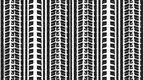 Seamless pattern of various black and white tire tracks showing different tread designs and vehicle imprints.