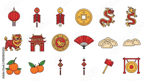 Collection of traditional Chinese New Year symbols and decorations illustrated in a vibrant red and gold color scheme