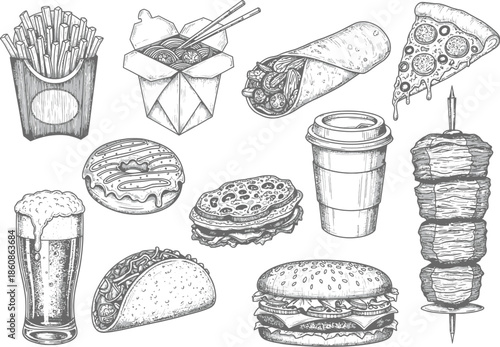 A diverse collection of hand-drawn fast food items