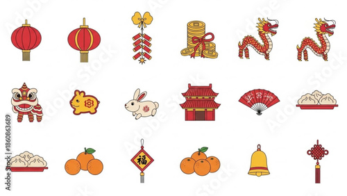 Vibrant Chinese New Year celebration elements, including lanterns, zodiac animals, and traditional ornaments, set against a clean white background, viewed from a straightforward perspective.