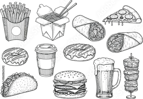 Collection of fast food items including french fries, noodles, pizza, and burgers