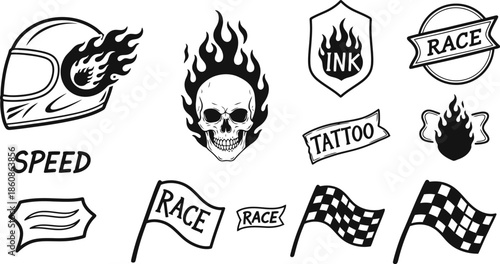 Motorbike Race Tattoo Set Rock Grunge Hand Drawn Doodle Sticker