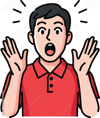 Cartoon illustration of a surprised young man in a red shirt gasping with wide eyes and raised hands.