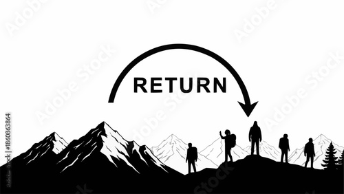 Group of hikers reaching mountain summit with return arrow symbol overhead.