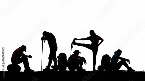Group of hikers resting and stretching during a break on a white background.