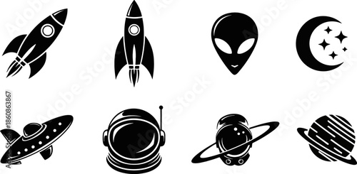 Space Futuristic Icon Set Rocket Sign Cyber Alien Shape Galaxy