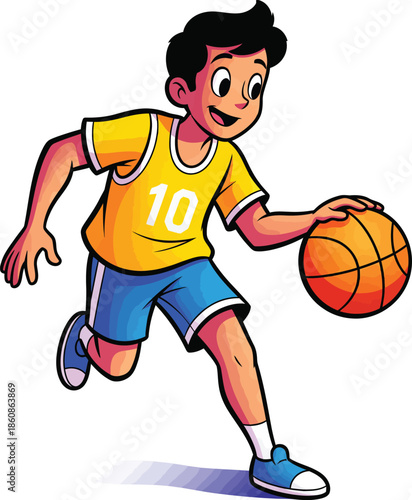 Cartoon illustration of a young boy in a yellow number 10 jersey dribbling a basketball with a smile.