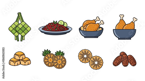 Eid Al-Fitr Traditional Food Icon Set: Ketupat, Beef Rendang, Chicken Curry, Pineapple Tart, and Dates in Flat Line Art Style