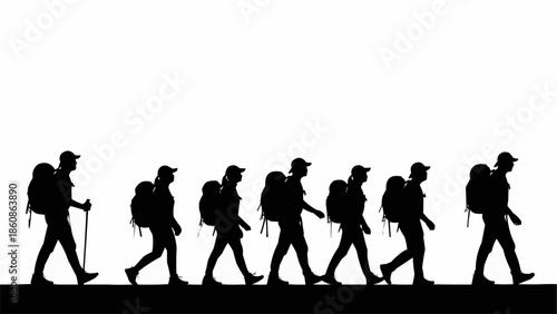 Group of hikers walking in single file with backpacks.