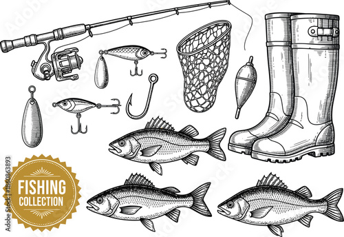Fishing gear and equipment illustration