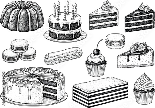 A variety of delicious desserts and cakes in a sketchy style