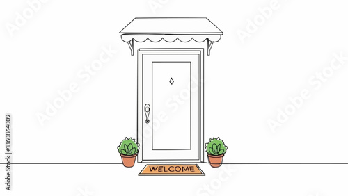 Hand drawn illustration of a white front door with plants and welcome mat.
