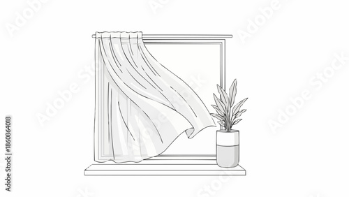 Hand drawn illustration of a window with curtains blowing in the wind.