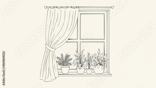 Hand drawn illustration of a window with potted plants and curtains.