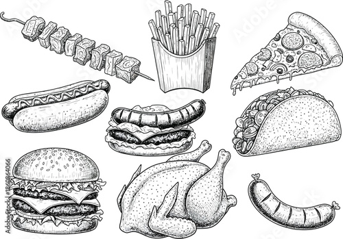 Delicious assortment of hand-drawn american fast food classics