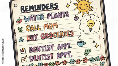 Hand drawn reminder list with tasks and doodles.