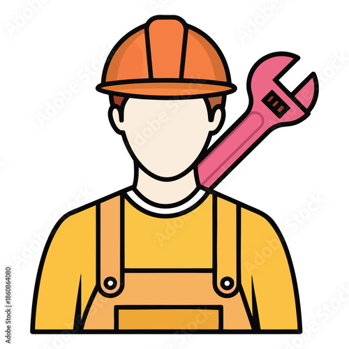 Male worker icon wearing orange hard hat and yellow uniform with a wrench