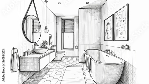 Hand drawn sketch of a modern bathroom interior design.
