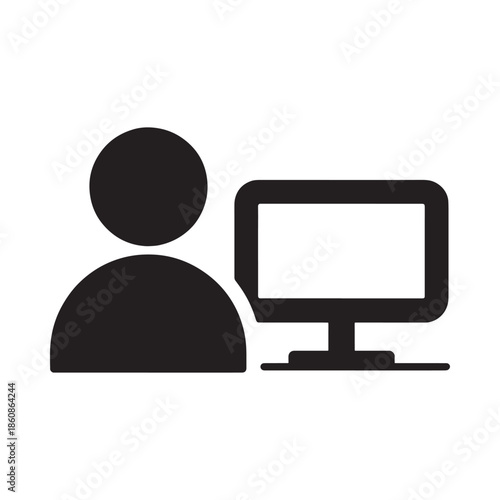 Simple icon depicting a person silhouette next to a computer monitor
