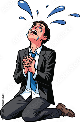 Desperate businessman in a suit kneeling and crying with exaggerated blue tears.