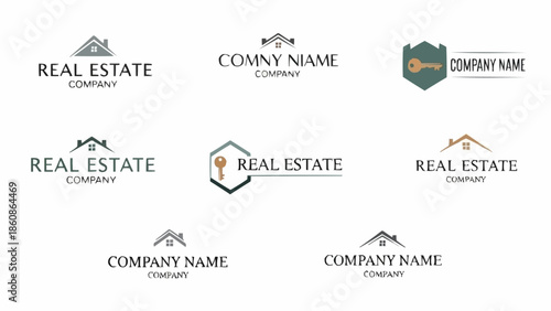 Collection of Real Estate Company Logos with House and Key Elements.