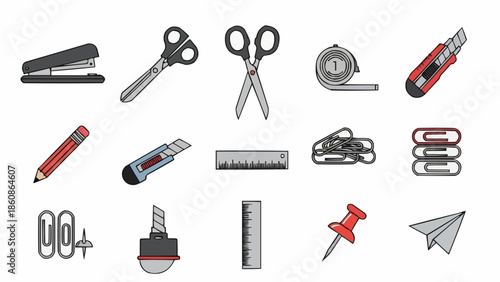 Stationery Collection - Stapler, Scissors, Tape Measure, Cutter, Pencil, Ruler, Clips, and More.