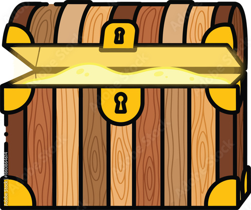 Illustrated wooden treasure chest with golden locks slightly ajar revealing a glowing interior.