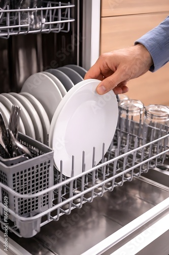 Close-up of a hand placing a clean white plate into a dishwasher rack with other dishes and glasses