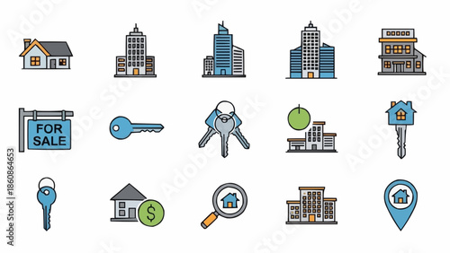 Real Estate Icons - Buildings, Keys, and For Sale Sign.