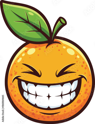 Laughing cartoon orange character with a wide toothy grin and squinted eyes.