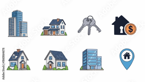 Real Estate Icons Set - Buildings, Houses, Keys, and Location Pin.