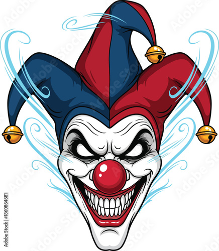 Menacing Jester Clown Head with a Red and Blue Hat and a Sinister Toothy Grin.