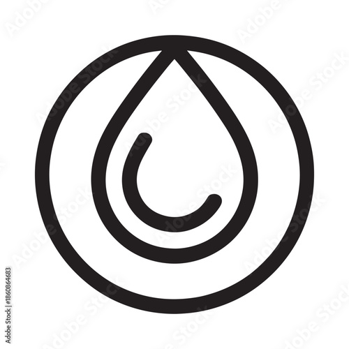 Simple black and white icon featuring a water drop inside a circular outline