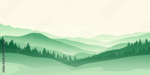 A serene mountain landscape at sunrise features mist rolling through the valley forest under a vibrant sky with distant snowy peaks and a calm lake on the horizon