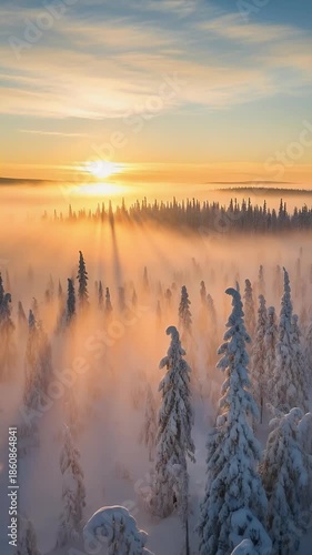 Golden Hour Sunrise Over Snowy Forest Fog With Sun Rays Aerial Footage