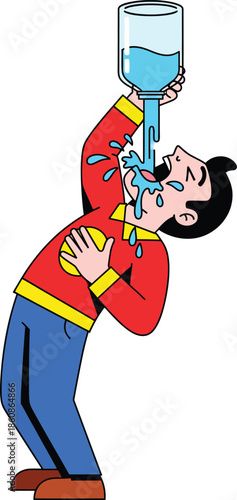 Thirsty cartoon man in a red sweater messily drinking and spilling water from a large jug.
