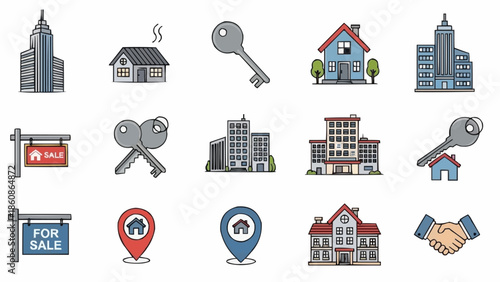 Real Estate Icons - Buildings, Houses, Keys, and Signs.