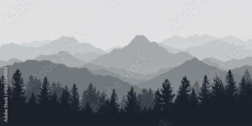 A serene morning landscape of snowy mountain peaks and pine forests shrouded in a misty blue fog under a glowing sunrise sky