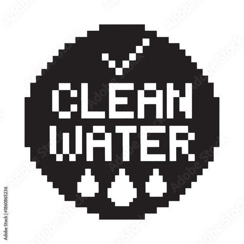 Pixelated graphic displaying the words clean water with water droplets