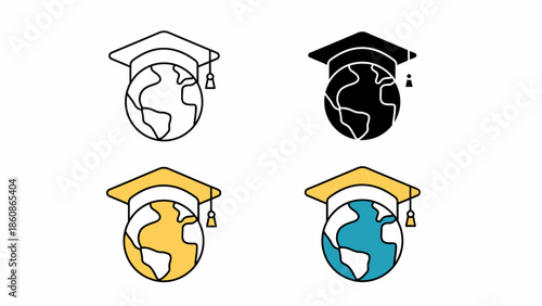 Global Education Icon Set Featuring Graduation Cap on Earth in Multiple Styles
