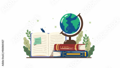 School and Learning Scene with Globe, Stacked Books and Open Notebook