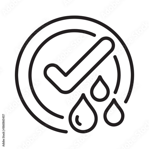 Water resistant icon with checkmark and droplets simple line art design