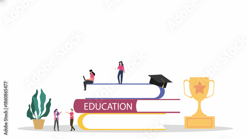 Collaborative Education Environment with Students, Large Books and Achievement Trophy