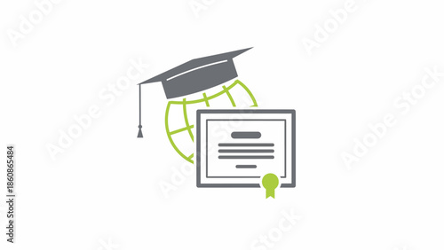 Global Education Concept Illustration with Graduation Cap on a Green Globe and Achievement Certificate