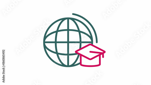 Minimalist Line Art Icon for Global Education with Magenta Graduation Cap and Teal Globe