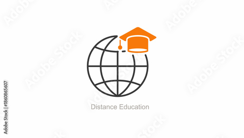 Distance Education Logo with Orange Graduation Cap on a Minimalist World Globe Icon