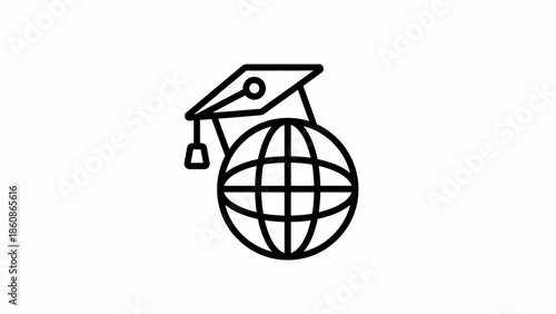 Simple Black Line Icon for Global Academic Excellence with Graduation Cap and Globe