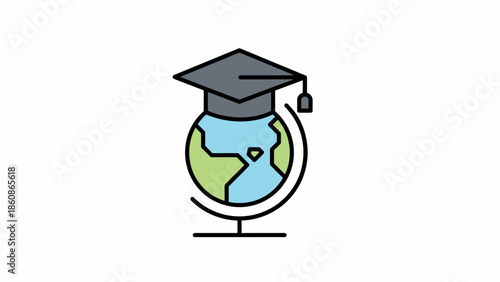 Global Degree Achievement Icon of Graduation Cap on a Desktop World Globe Stand